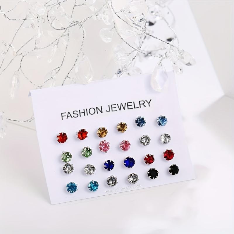 12pairs Colorful Zircon Stud Earrings Set for Women