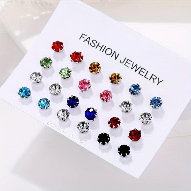 12pairs Colorful Zircon Stud Earrings Set for Women