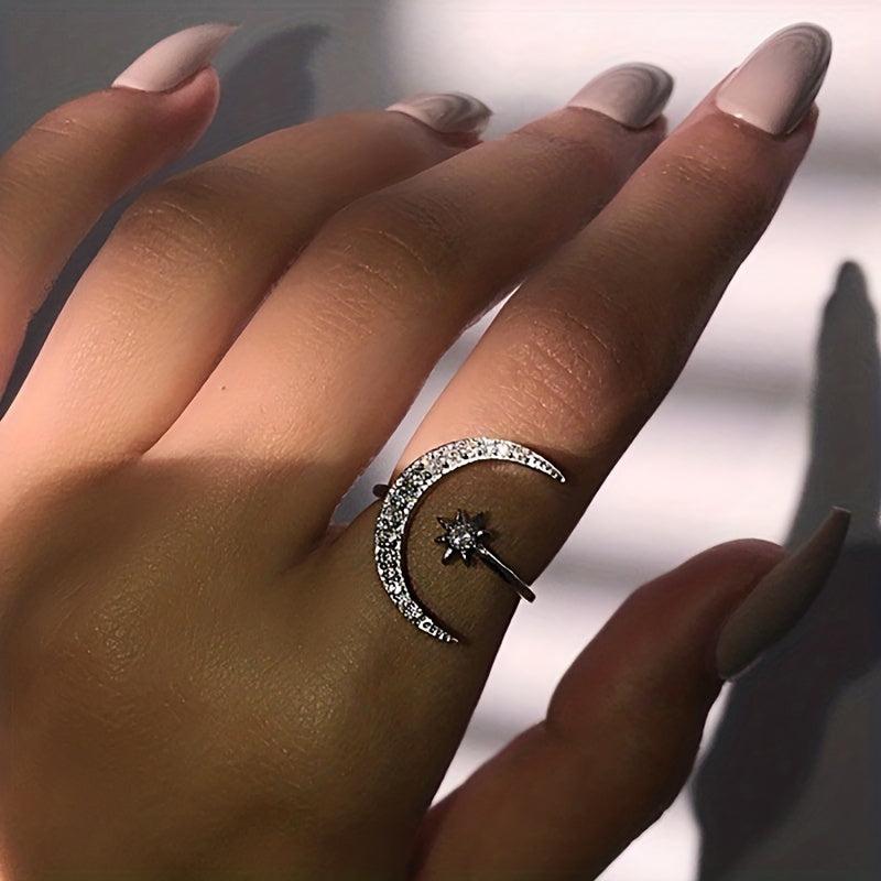Moon Star Rhinestone Metal Ring Adjustable Women Girls Jewelry