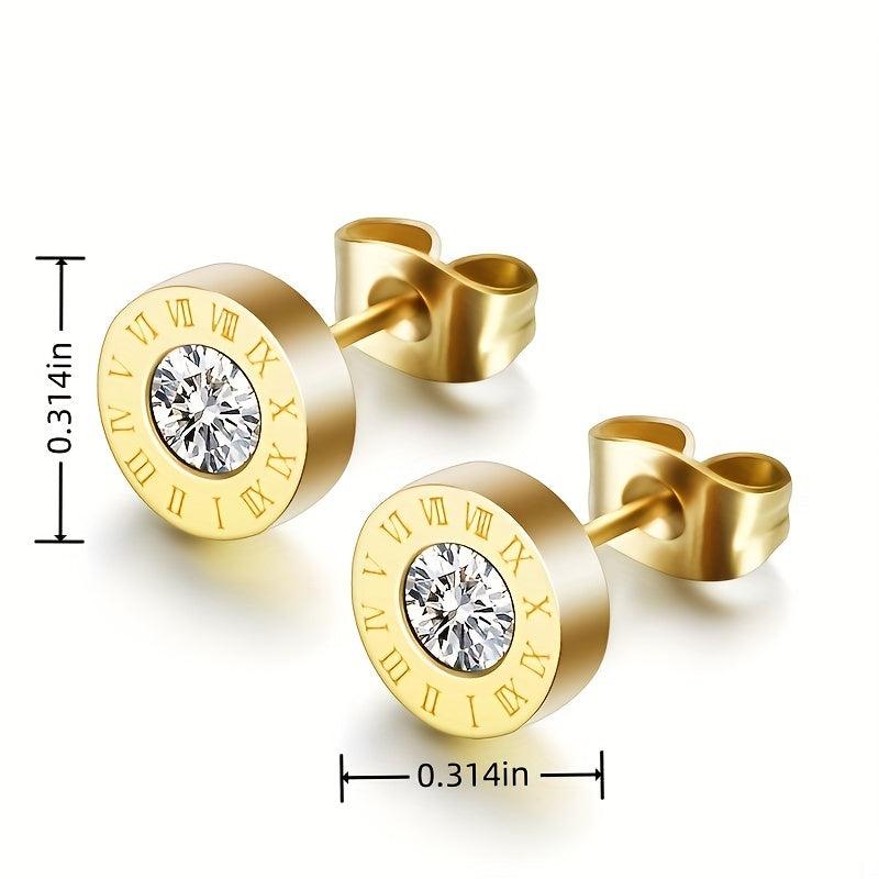 Zircon Roman Numerals Stud Earrings 925 Silver Plated Jewelry
