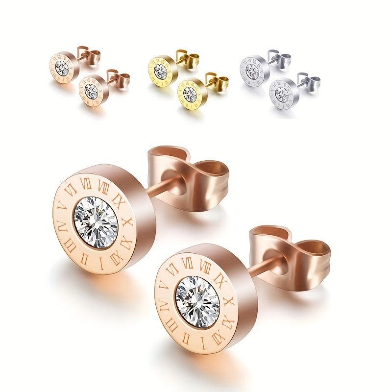 Zircon Roman Numerals Stud Earrings 925 Silver Plated Jewelry