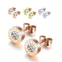 Zircon Roman Numerals Stud Earrings 925 Silver Plated Jewelry