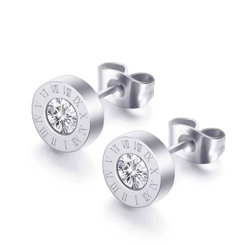 Zircon Roman Numerals Stud Earrings 925 Silver Plated Jewelry