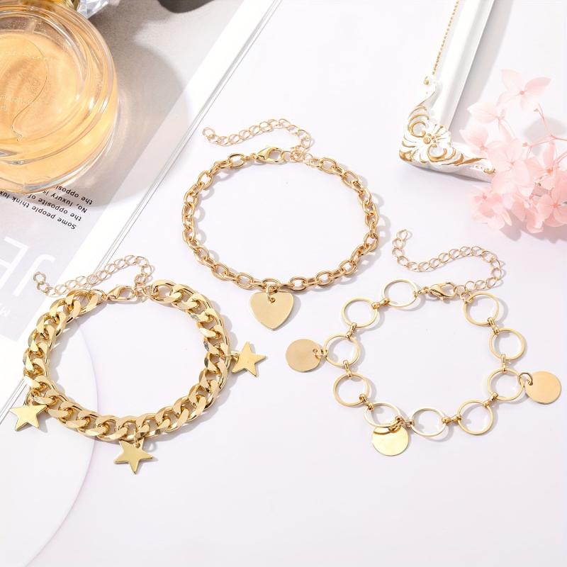Love Heart Round Star Pendant Bracelet Set Punk Style Stackable Hand Chain