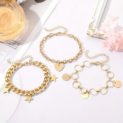 Love Heart Round Star Pendant Bracelet Set Punk Style Stackable Hand Chain