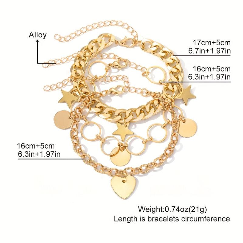 Love Heart Round Star Pendant Bracelet Set Punk Style Stackable Hand Chain