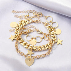 Love Heart Round Star Pendant Bracelet Set Punk Style Stackable Hand Chain
