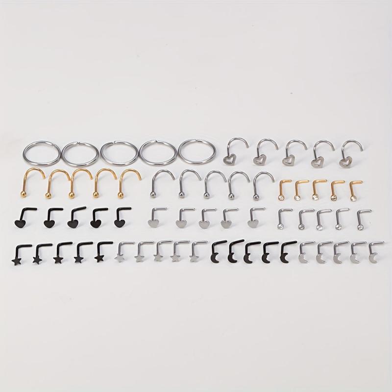 5Pcs 20G Screw Nose Stud Heart Moon Star Ball Stainless Steel Nostril Piercing