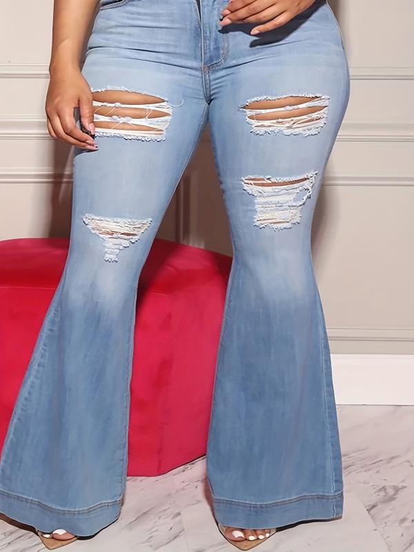 Distressed Flare Jeans Ripped Stretch Slim Fit Bell Bottom Jeans Women's Denim