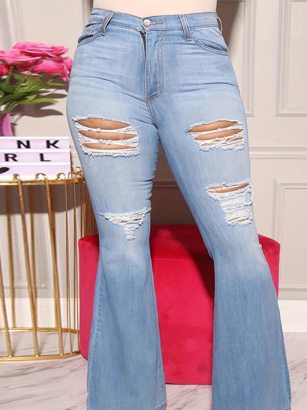 Distressed Flare Jeans Ripped Stretch Slim Fit Bell Bottom Jeans Women's Denim