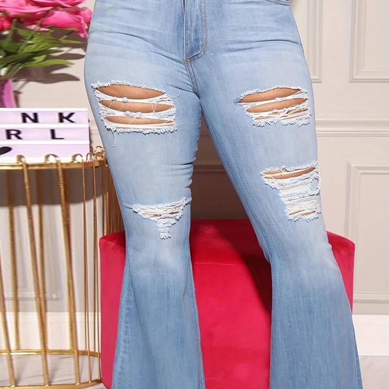 Distressed Flare Jeans Ripped Stretch Slim Fit Bell Bottom Jeans Women's Denim