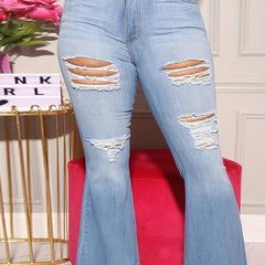 Distressed Flare Jeans Ripped Stretch Slim Fit Bell Bottom Jeans Women's Denim