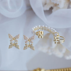 Butterfly Asymmetric Stud Earrings with Chain - Statement Female Ear Ornament