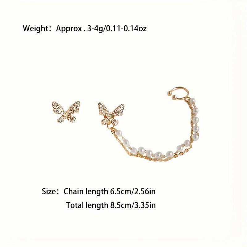 Butterfly Asymmetric Stud Earrings with Chain - Statement Female Ear Ornament