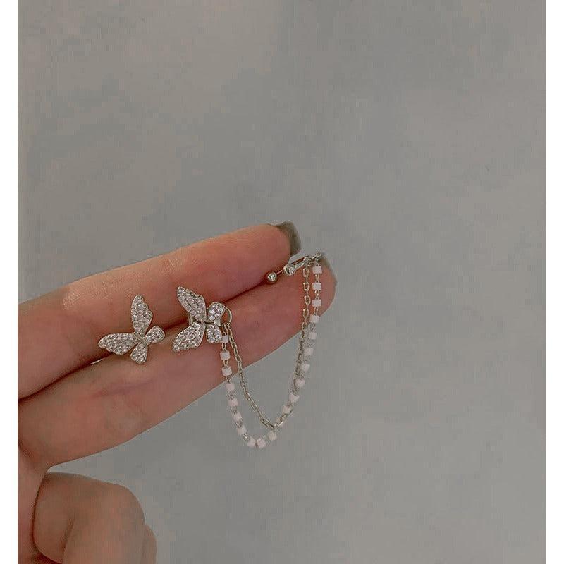 Butterfly Asymmetric Stud Earrings with Chain - Statement Female Ear Ornament