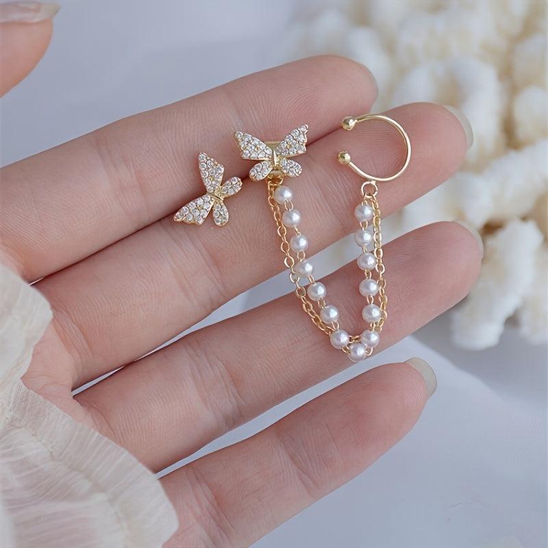 Butterfly Asymmetric Stud Earrings with Chain - Statement Female Ear Ornament