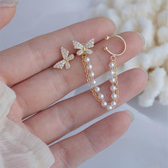 Butterfly Asymmetric Stud Earrings with Chain - Statement Female Ear Ornament
