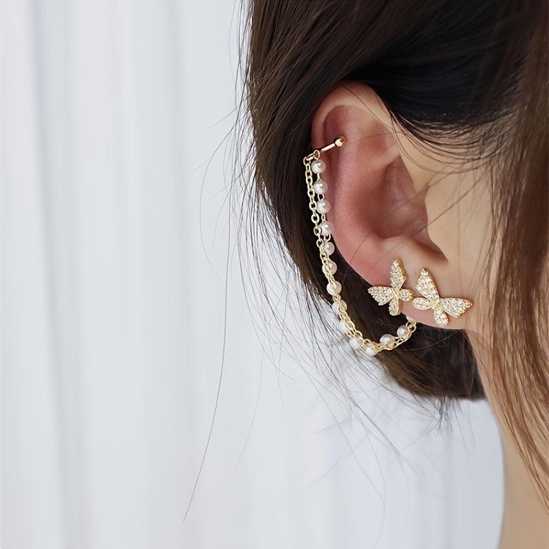 Butterfly Asymmetric Stud Earrings with Chain - Statement Female Ear Ornament