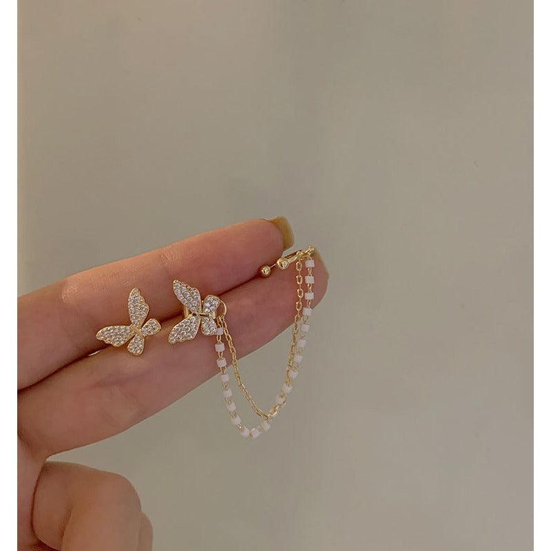 Butterfly Asymmetric Stud Earrings with Chain - Statement Female Ear Ornament