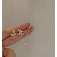 Butterfly Asymmetric Stud Earrings with Chain - Statement Female Ear Ornament