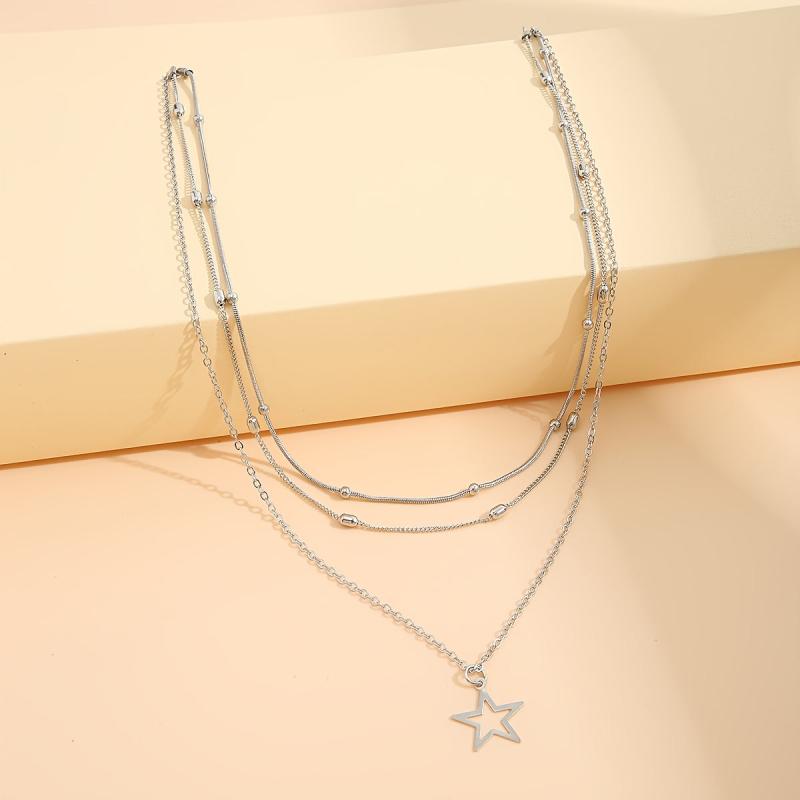 Hollow Star Shape Pendant Necklace Three Layers Adjustable Link Chain