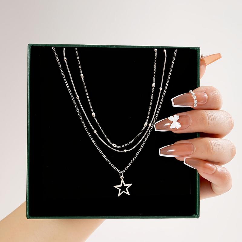 Hollow Star Shape Pendant Necklace Three Layers Adjustable Link Chain