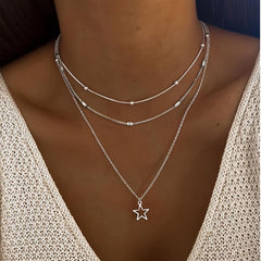 Hollow Star Shape Pendant Necklace Three Layers Adjustable Link Chain