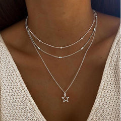 Hollow Star Shape Pendant Necklace Three Layers Adjustable Link Chain