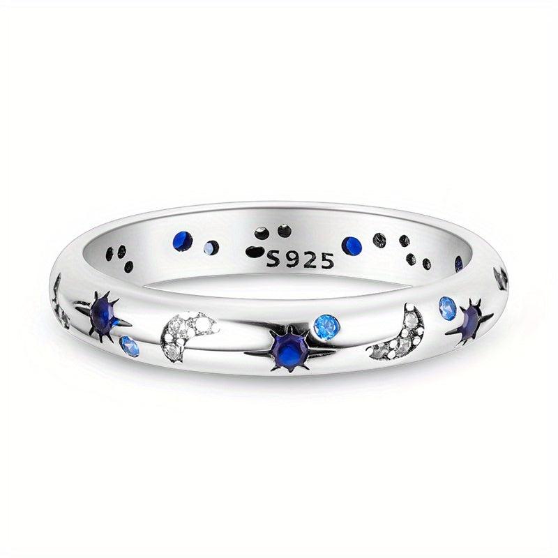 925 Silver Ring Moon & Star Pattern Rhinestone Inlay Creative