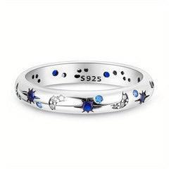 925 Silver Ring Moon & Star Pattern Rhinestone Inlay Creative