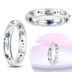 925 Silver Ring Moon & Star Pattern Rhinestone Inlay Creative