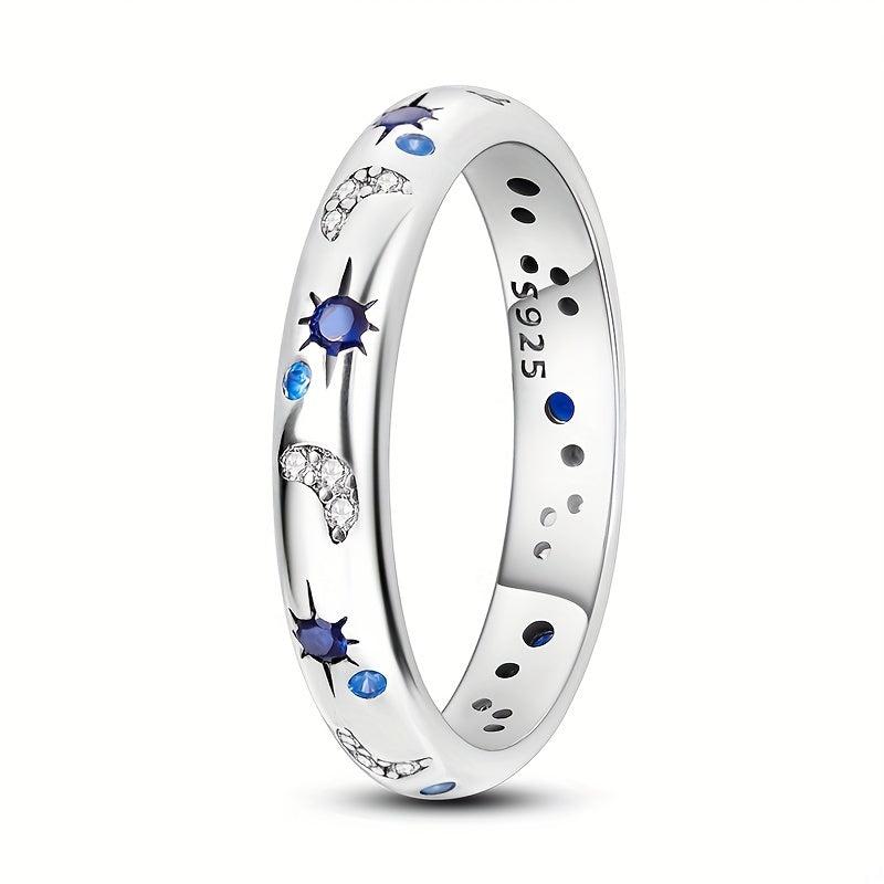 925 Silver Ring Moon & Star Pattern Rhinestone Inlay Creative