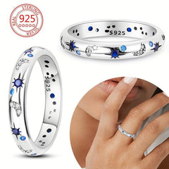 925 Silver Ring Moon & Star Pattern Rhinestone Inlay Creative