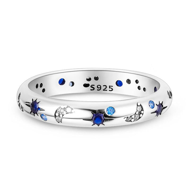 925 Silver Ring Moon & Star Pattern Rhinestone Inlay Creative