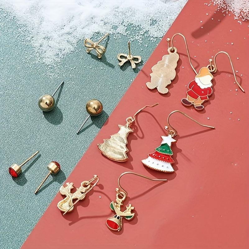 Christmas Enamel Earrings Set - 6 Pairs with Cane Snowman Elk Sock