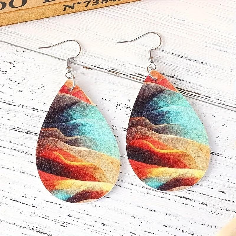 Retro Mixed Painting Pattern Drop Earrings Double sided Leather Earrings