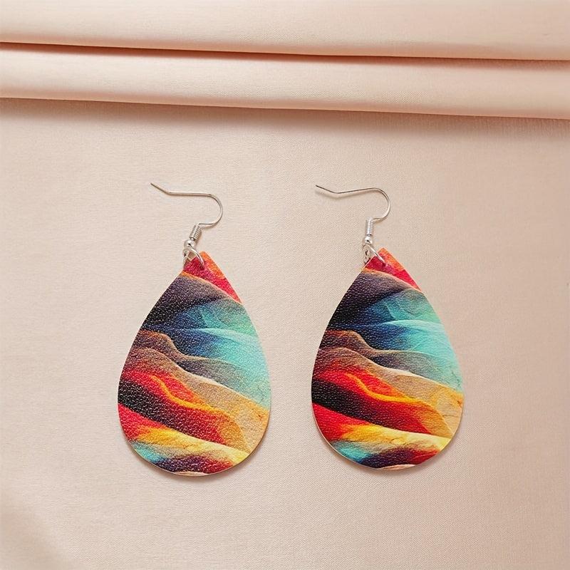 Retro Mixed Painting Pattern Drop Earrings Double sided Leather Earrings