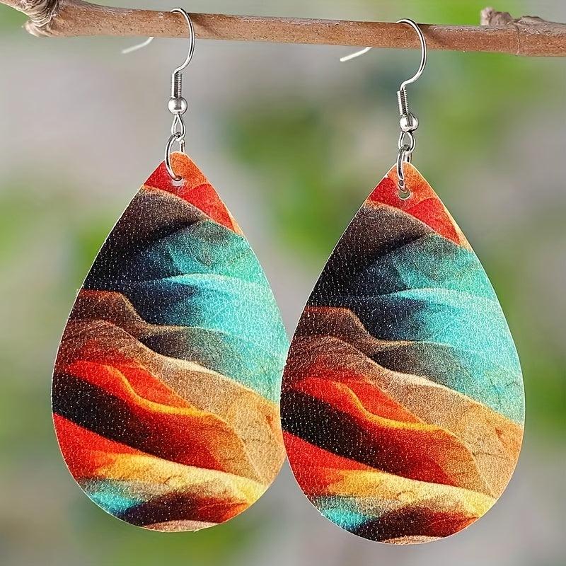 Retro Mixed Painting Pattern Drop Earrings Double sided Leather Earrings