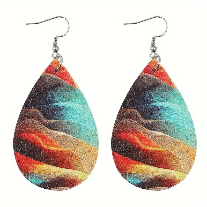 Retro Mixed Painting Pattern Drop Earrings Double sided Leather Earrings