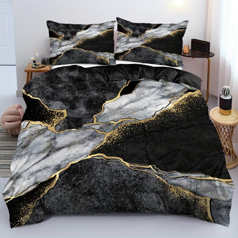 3pcs Soft Golden Marble Print Duvet Cover Set