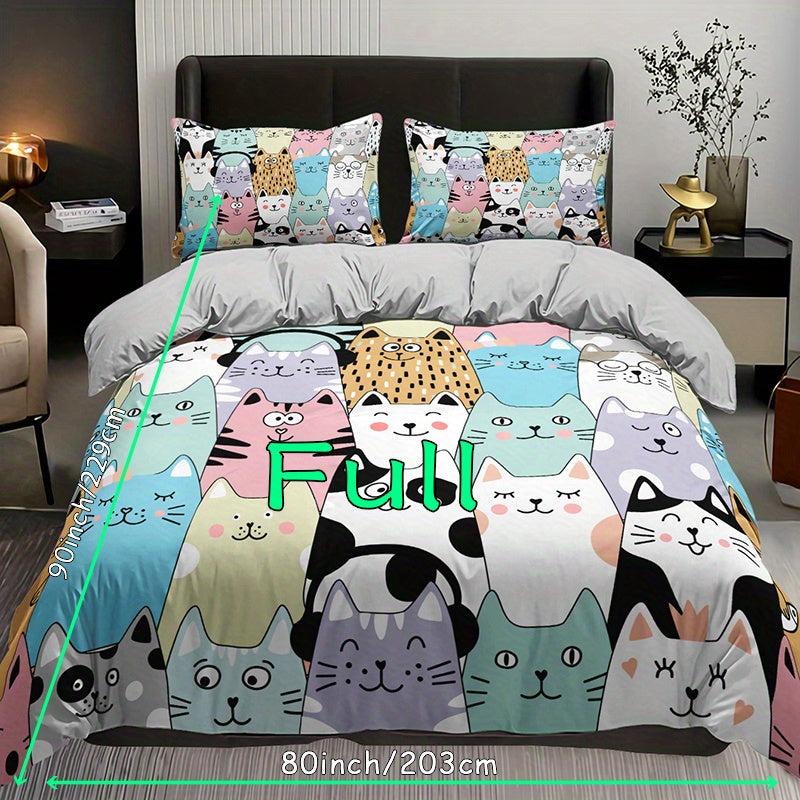 Cartoon Cat Print Bedding Set - 3pcs Duvet Cover Set