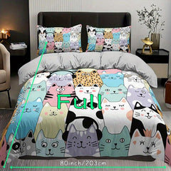 Cartoon Cat Print Bedding Set - 3pcs Duvet Cover Set