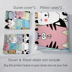 Cartoon Cat Print Bedding Set - 3pcs Duvet Cover Set