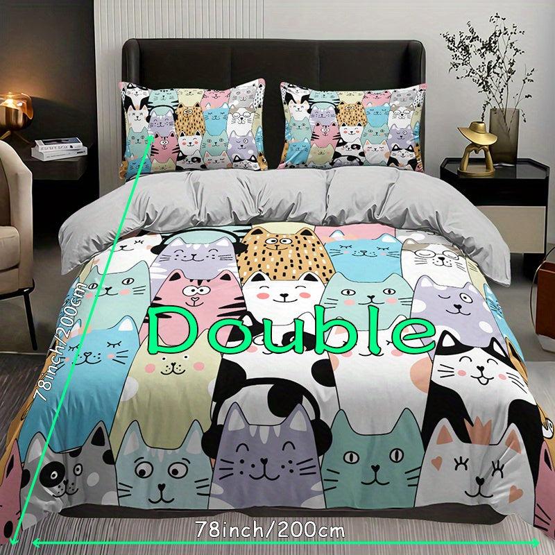 Cartoon Cat Print Bedding Set - 3pcs Duvet Cover Set