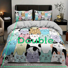 Cartoon Cat Print Bedding Set - 3pcs Duvet Cover Set