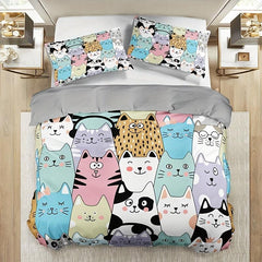 Cartoon Cat Print Bedding Set - 3pcs Duvet Cover Set