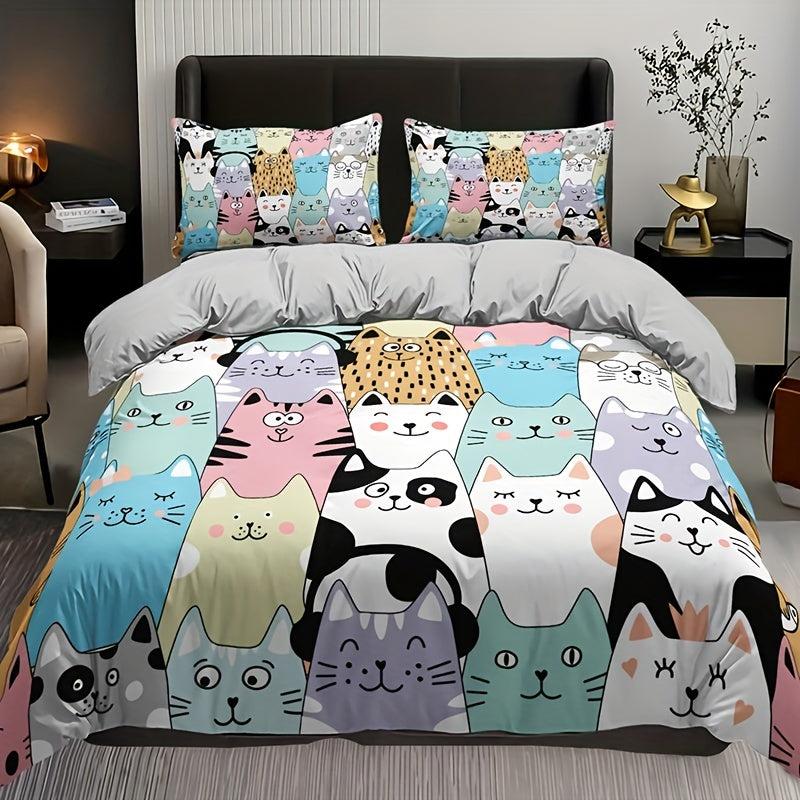 Cartoon Cat Print Bedding Set - 3pcs Duvet Cover Set