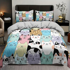 Cartoon Cat Print Bedding Set - 3pcs Duvet Cover Set