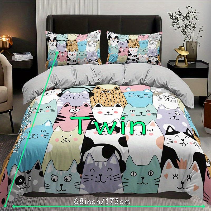 Cartoon Cat Print Bedding Set - 3pcs Duvet Cover Set