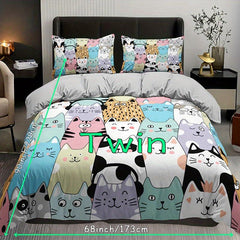 Cartoon Cat Print Bedding Set - 3pcs Duvet Cover Set